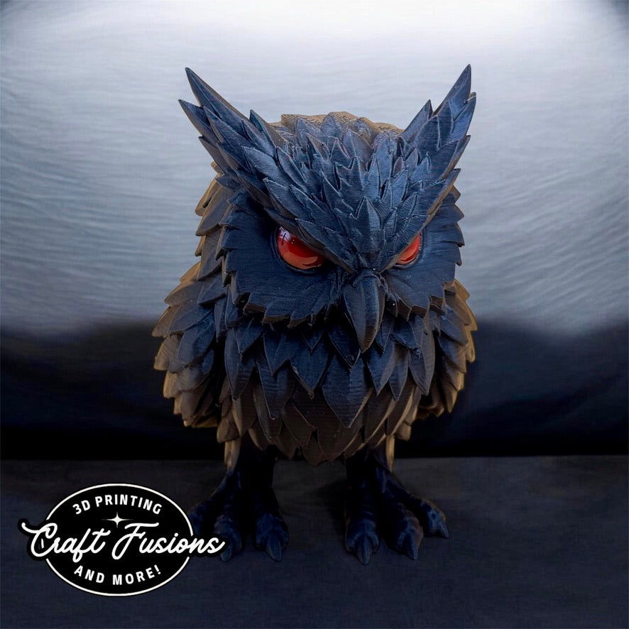 Gothic Dark Owl Statue – Enigmatic 3D-Printed Decor with Striking Hand-Painted Red Eyes - Craft Fusions