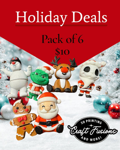 Stocking Stuffer Set – 6 3D Printed Christmas Fidget Toys, Santa, Grinch, Gingerbread, Rudolph, Frosty...